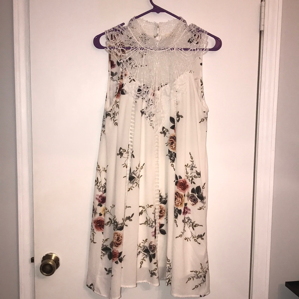 White floral dress with lace neck